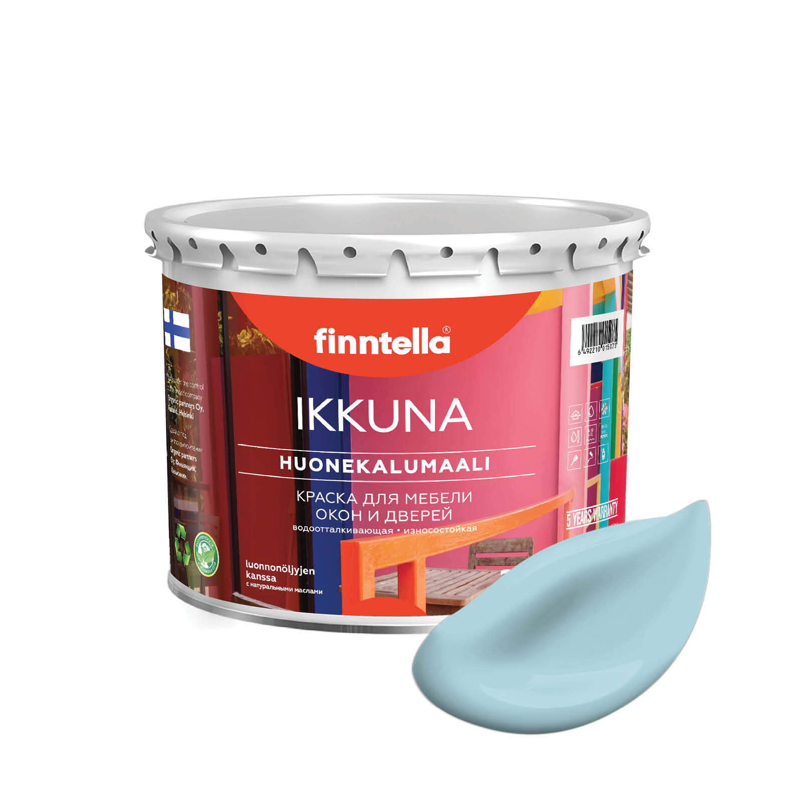 

Краска IKKUNA Color Матовая, TAIVAALLINEN нежно-голубой, 2,7л, IKKUNA Color для дерева, деревянных поверхностей и интерьеров, стен и потолка с натуральным маслом, без запаха