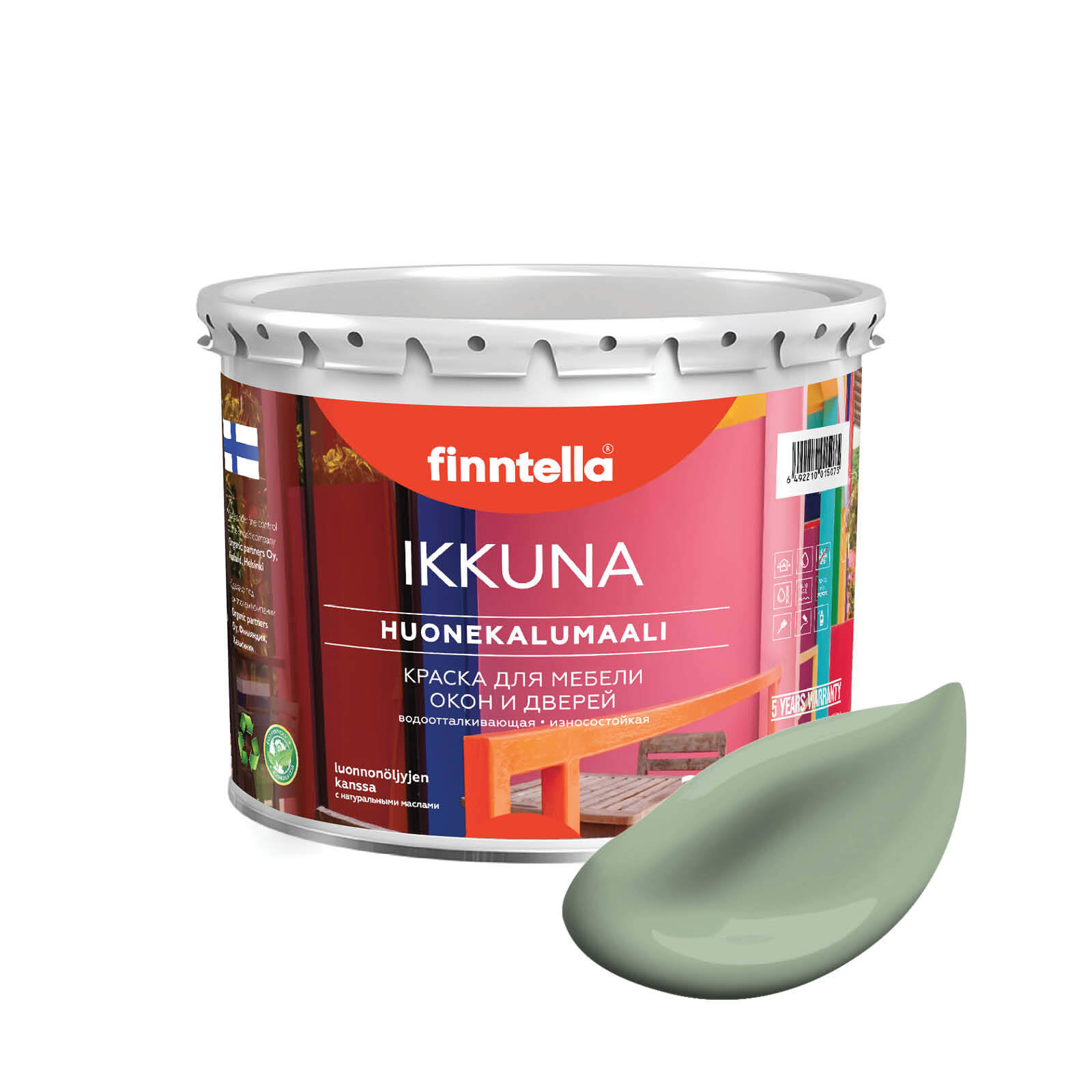 

Краска IKKUNA Color Матовая, PASTELLIVIHREA светло-зеленый хаки, 2,7л, IKKUNA Color для дерева, деревянных поверхностей и интерьеров, стен и потолка с натуральным маслом, без запаха