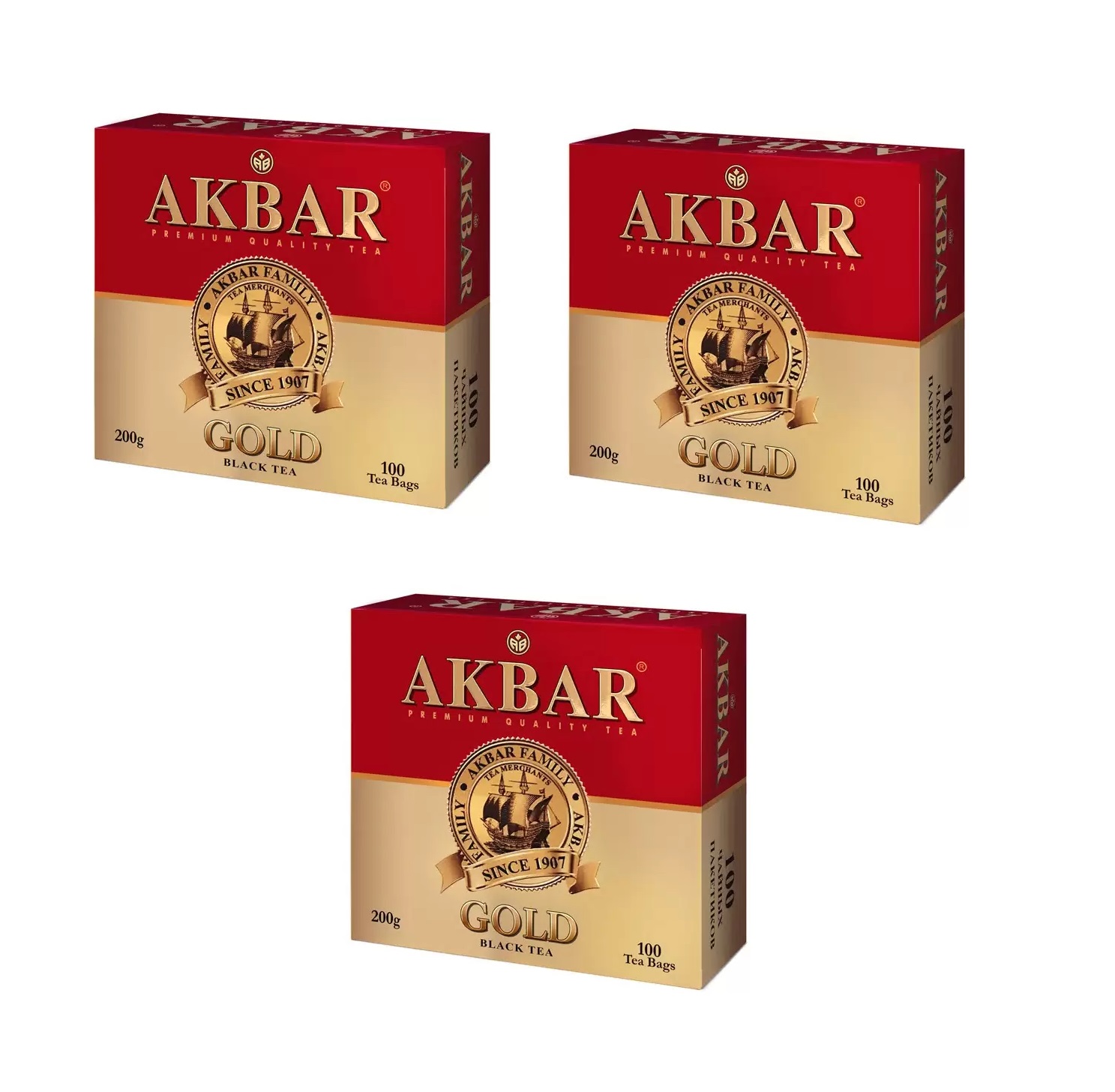 

Чай черный Akbar Золотой, 100 пакетиков, 3 шт, Золотой
