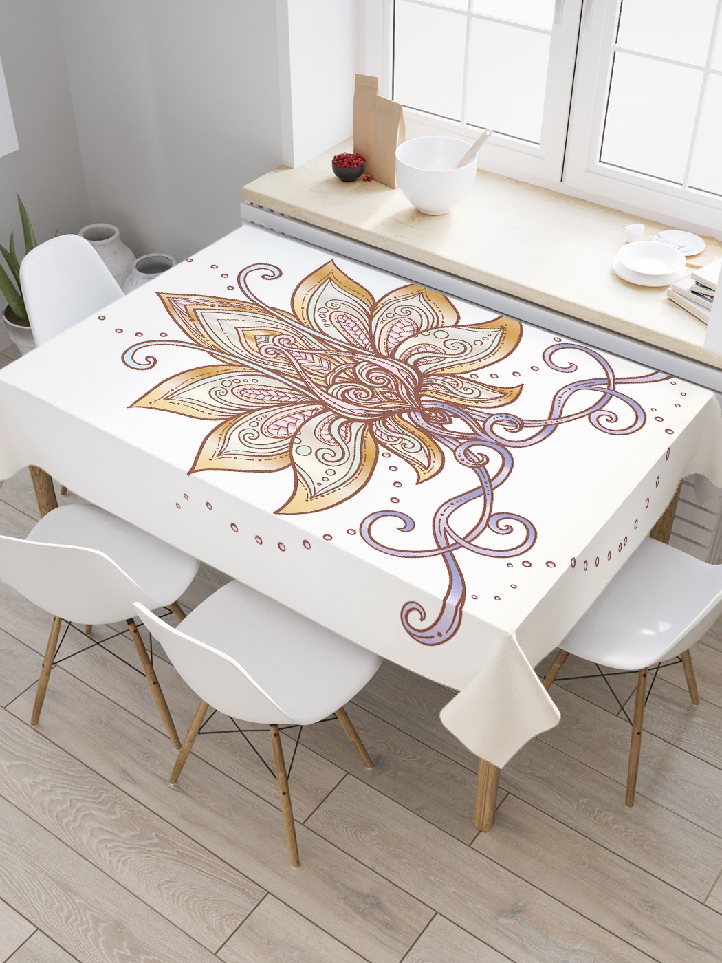 

Скатерть прямоугольная JoyArty "Богатство лотоса" из сатена, 180x145 см, Белый, Богатство лотоса