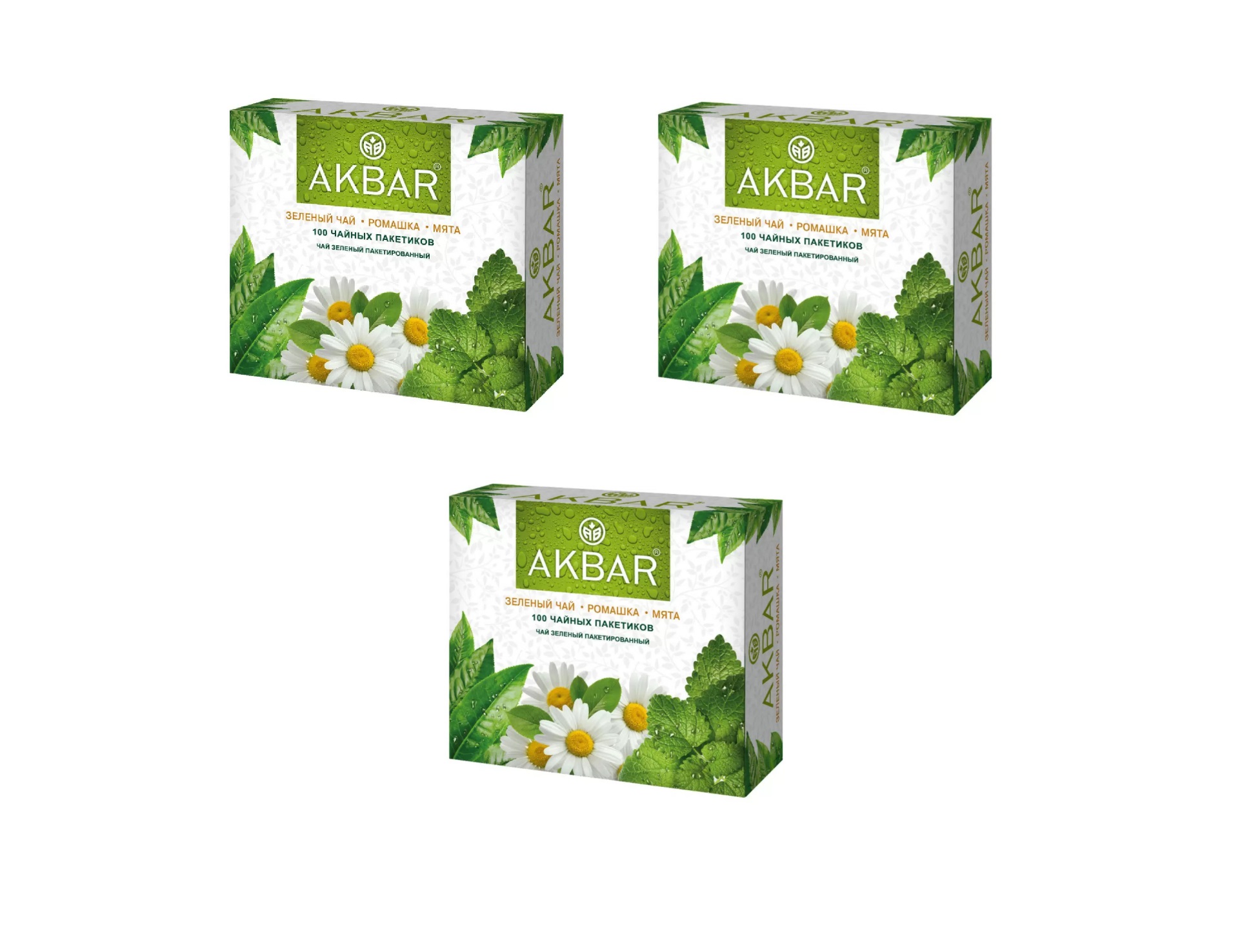 

Чай зеленый Akbar Ромашка Мята, 100 пакетиков, 3 шт, Ромашка Мята