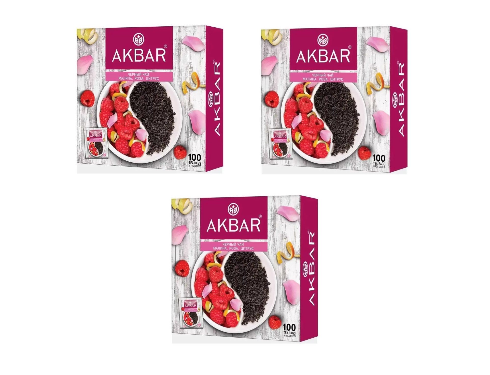 

Чай черный Akbar Роза Цитрус Малина, 100 пакетиков, 3 шт, Роза Цитрус Малина