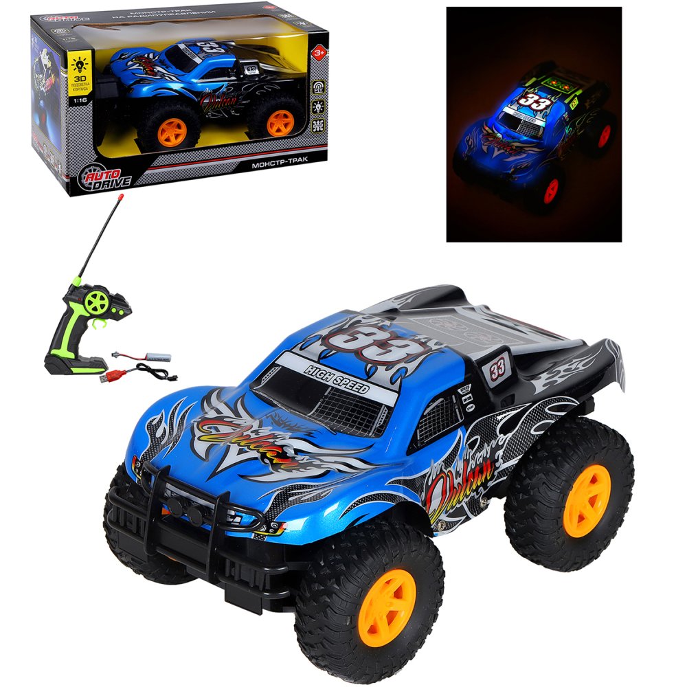 Р/У машина Монстр-трак AUTO DRIVE с 3D подсветкой 4 канала М1:16, пульт, синий, JB1168533