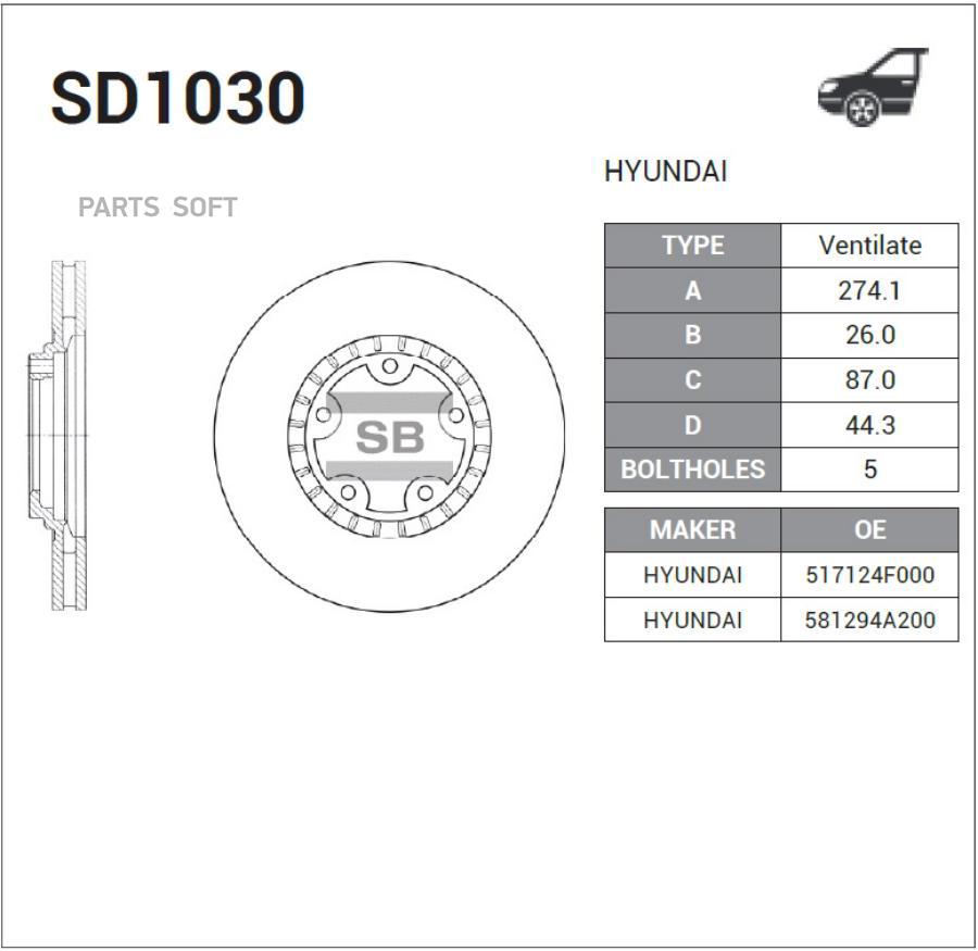 

Диск тормозной передний Hyundai Porter 2 SANGSIN BRAKE SD1030, SD1030