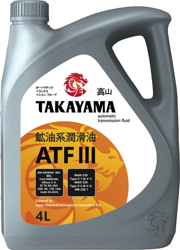 

Масло трансмиссионное TAKAYAMA ATF lll 4л пластик Р605519