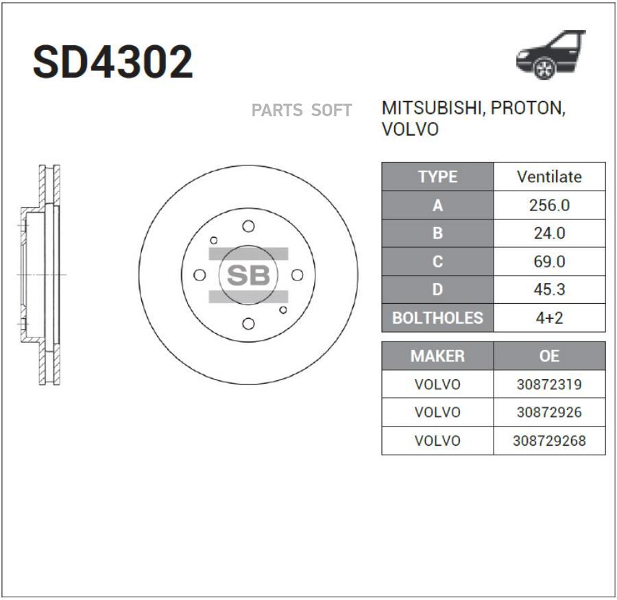 

Диск тормозной передний MITSUBISHI Carisma/Space Star/VOLVO S40/V40 SANGSIN BRAKE SD4302, SD4302