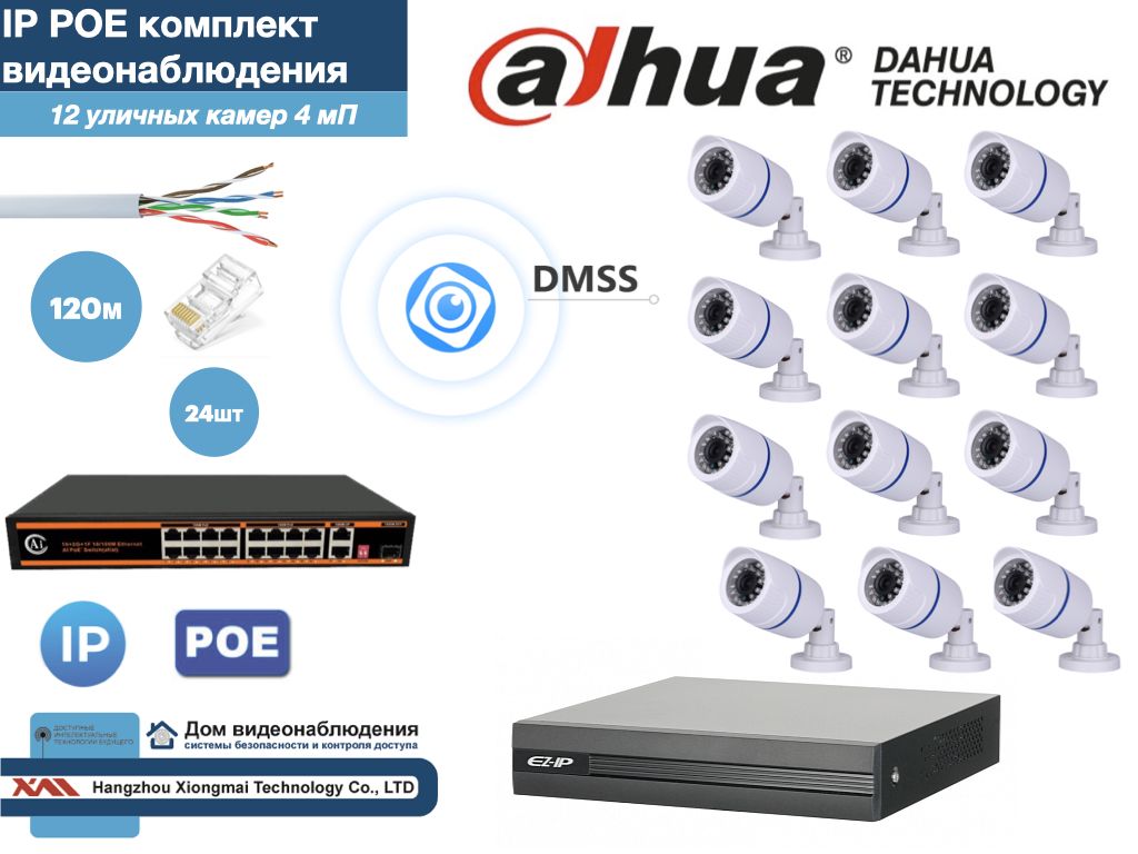 

Полный готовый DAHUA комплект видеонаблюдения на 12 камер 4мП (KITD12IP100W4MP), Белый, KITDU_IP