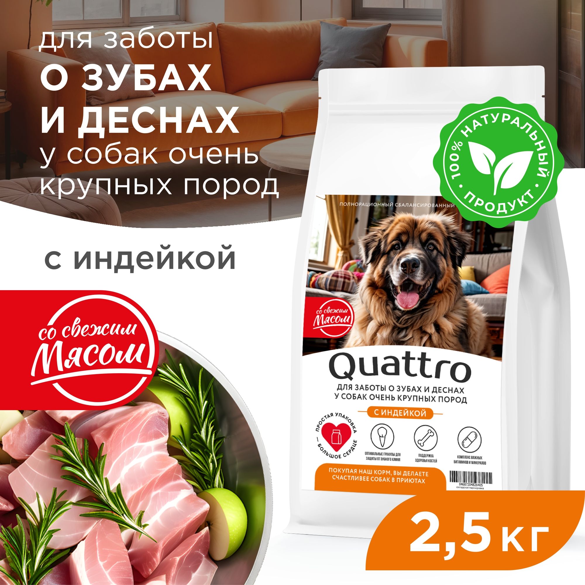 

Сухой корм для собак QUATTRO, большие породы, для заботы зубов и десен, с индейкой, 2,5 кг