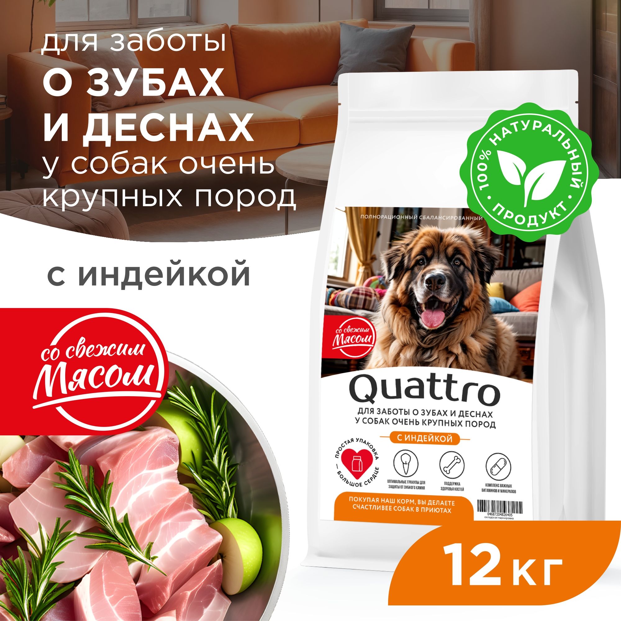 

Сухой корм для собак QUATTRO, большие породы, для заботы зубов и десен, с индейкой, 12 кг