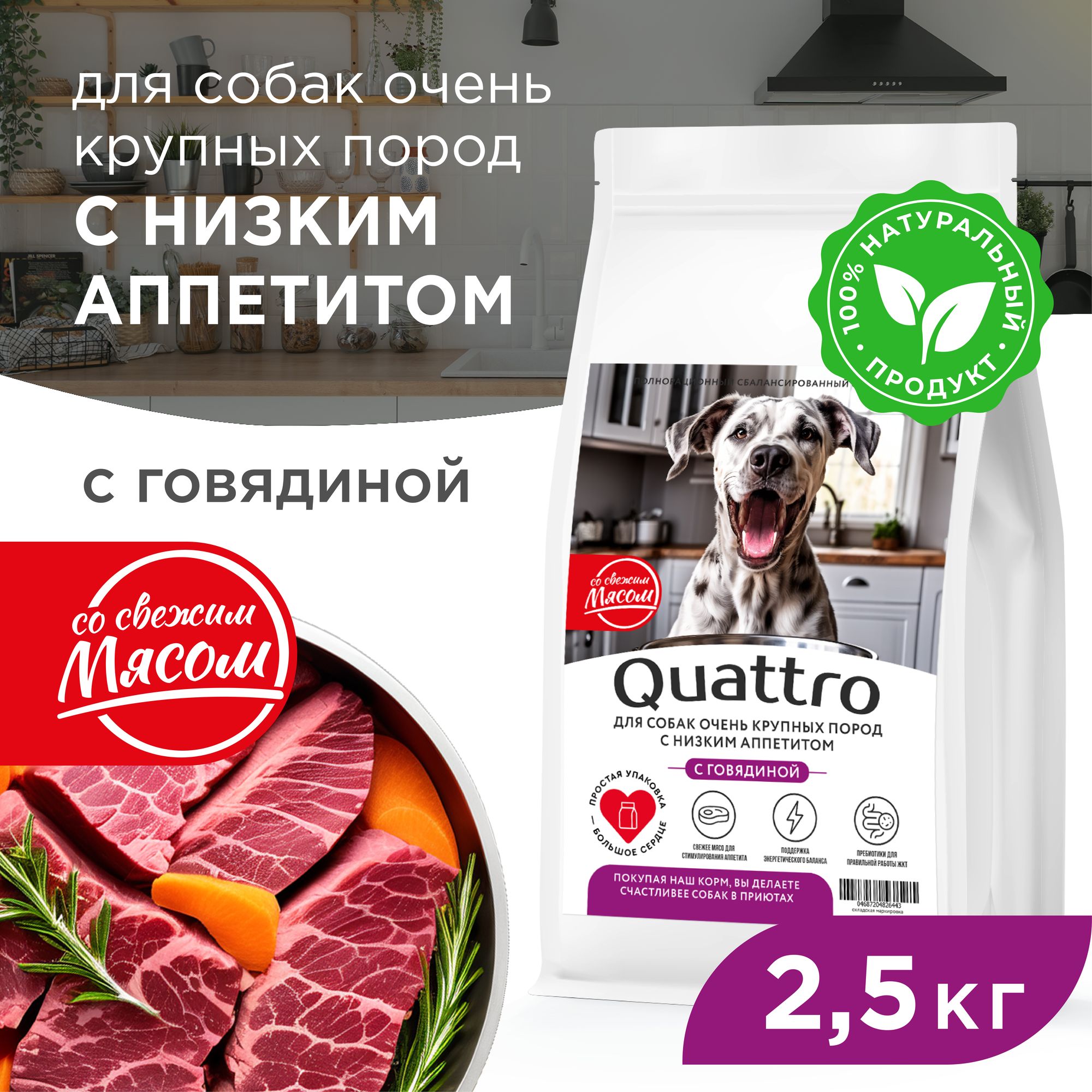 

Сухой корм для собак QUATTRO, большие породы, при слабом аппетите, с говядиной, 2,5 кг