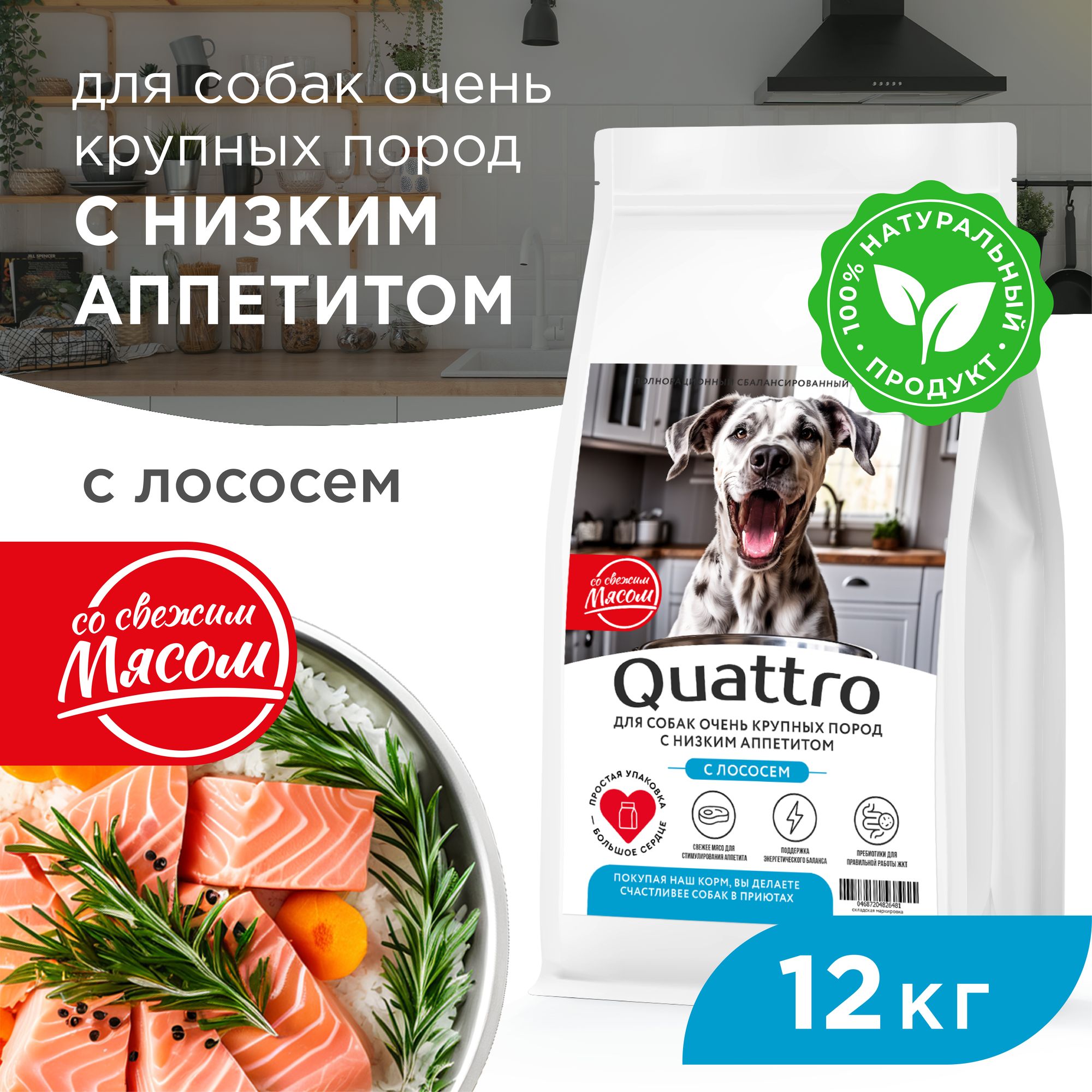 

Сухой корм для собак QUATTRO, большие породы, при слабом аппетите, с лососем, 12 кг