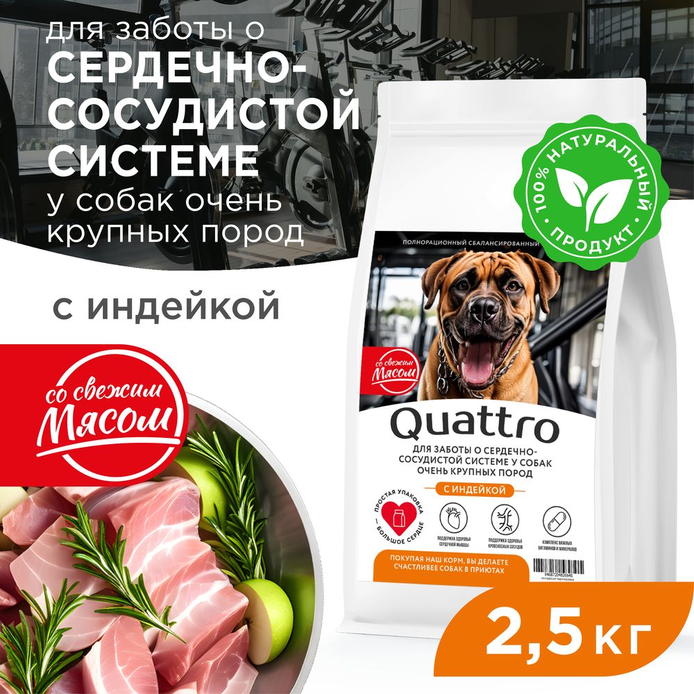 Сухой корм для собак QUATTRO, большие породы, для сердца и сосудов, с индейкой, 2,5 кг