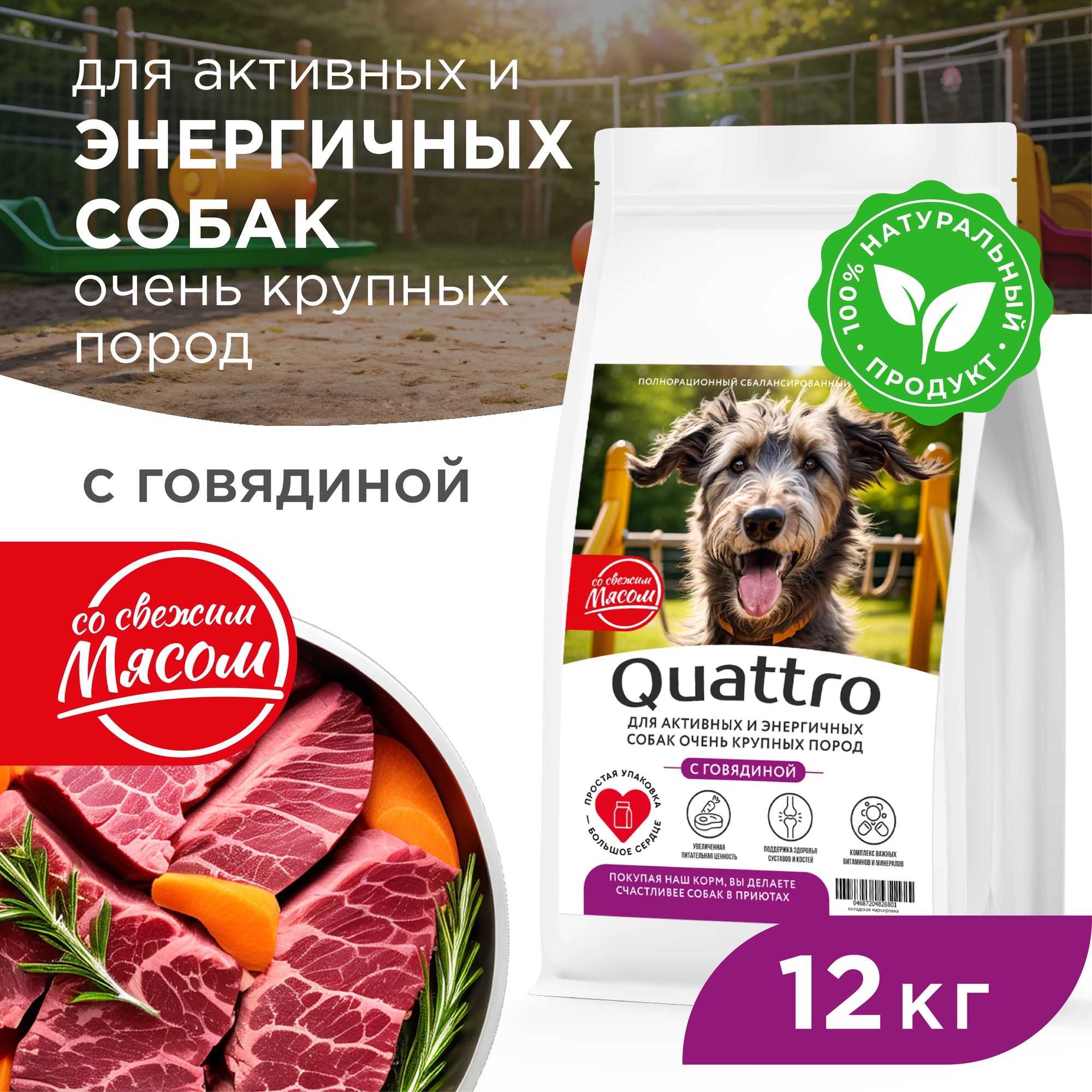

Сухой корм для собак QUATTRO, большие породы, для активных и энергичных, говядина, 12 кг