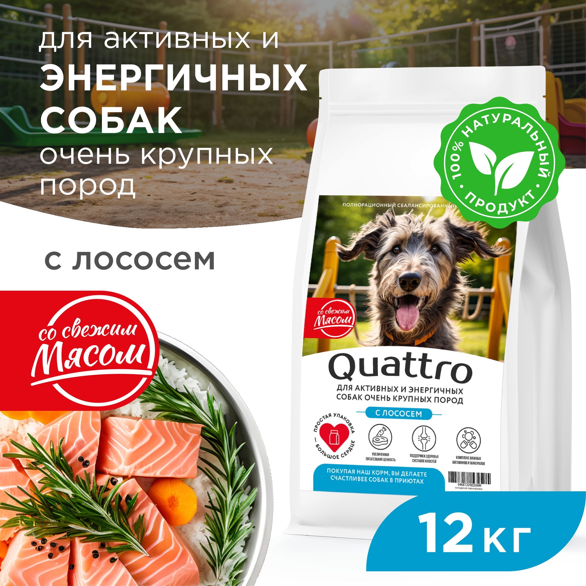 

Сухой корм для собак QUATTRO, большие породы, для активных и энергичных, с лососем, 12 кг