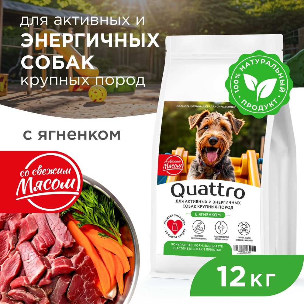 

Сухой корм для собак QUATTRO, крупные породы, для активных и энергичных, ягненок, 12 кг