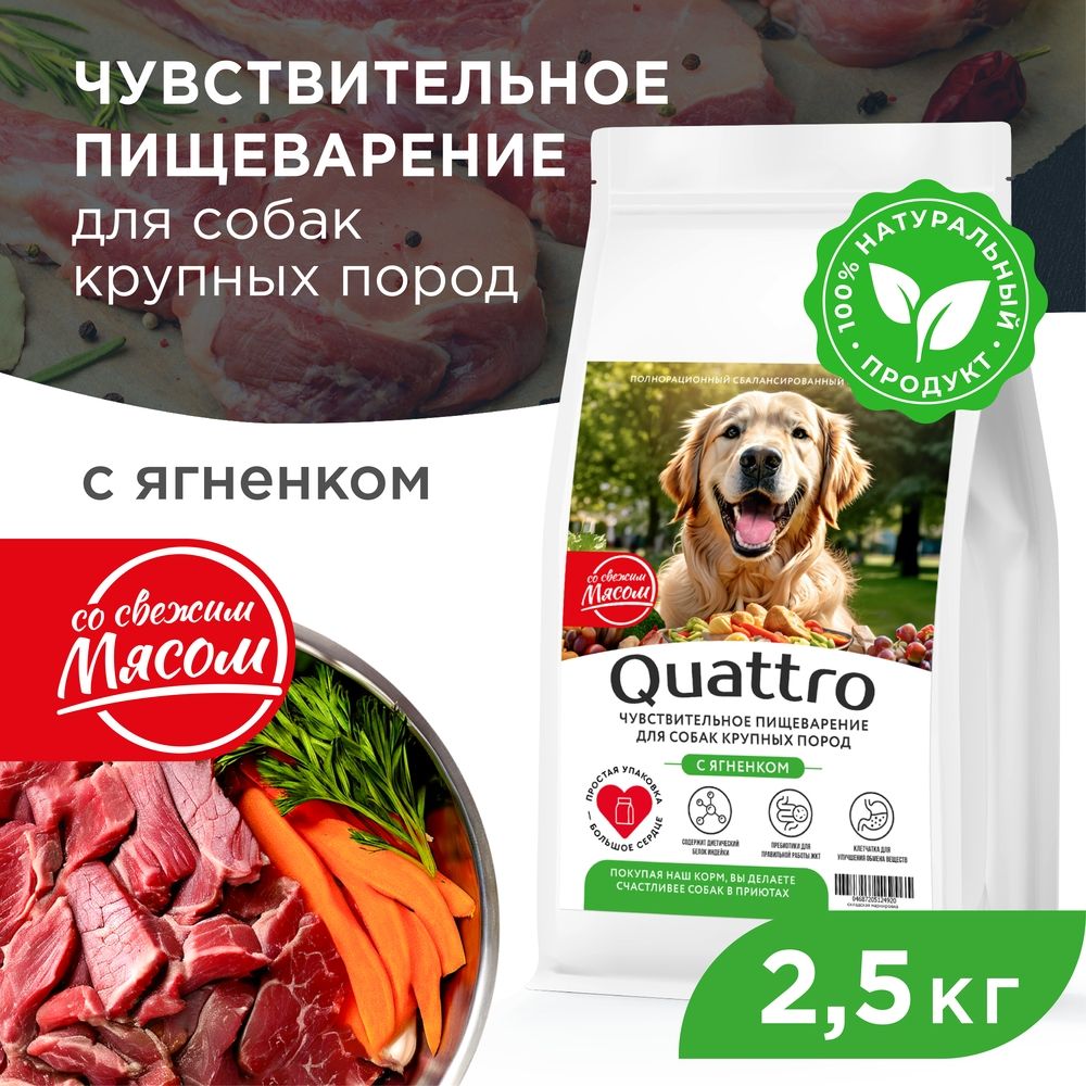 

Сухой корм для собак QUATTRO, крупные породы, чувствительное пищеварение, ягненок, 2,5 кг