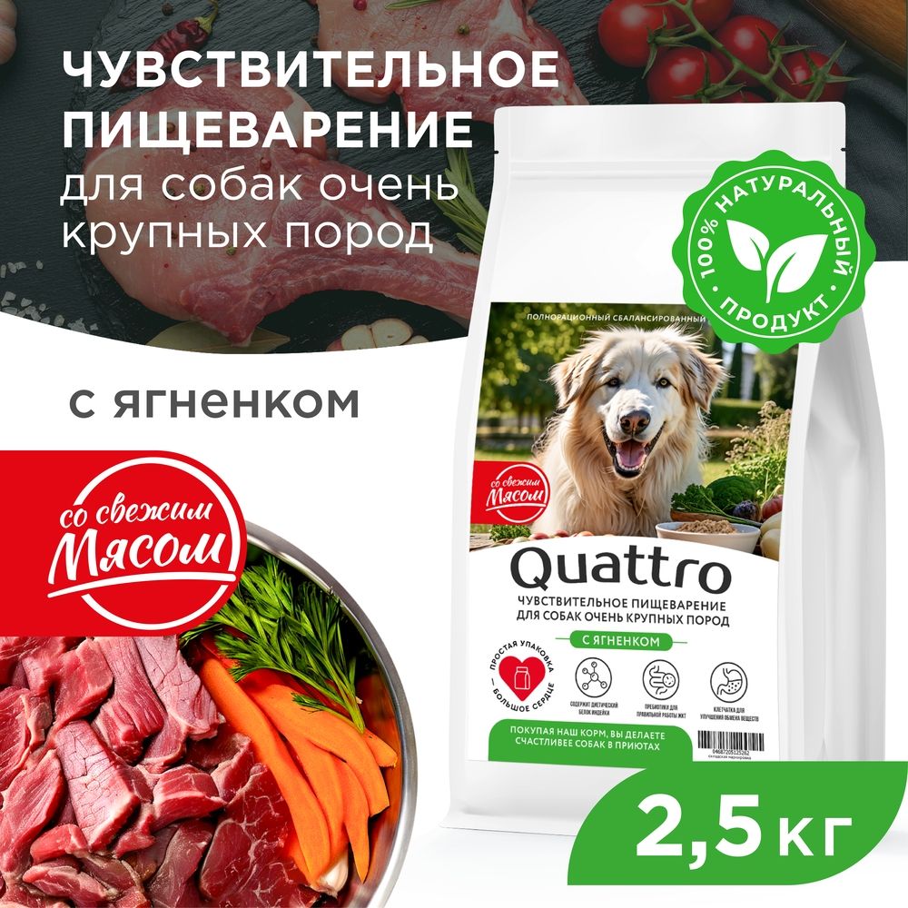 Сухой корм для собак QUATTRO, большие породы, чувствительное пищеварение, ягненок, 2,5 кг