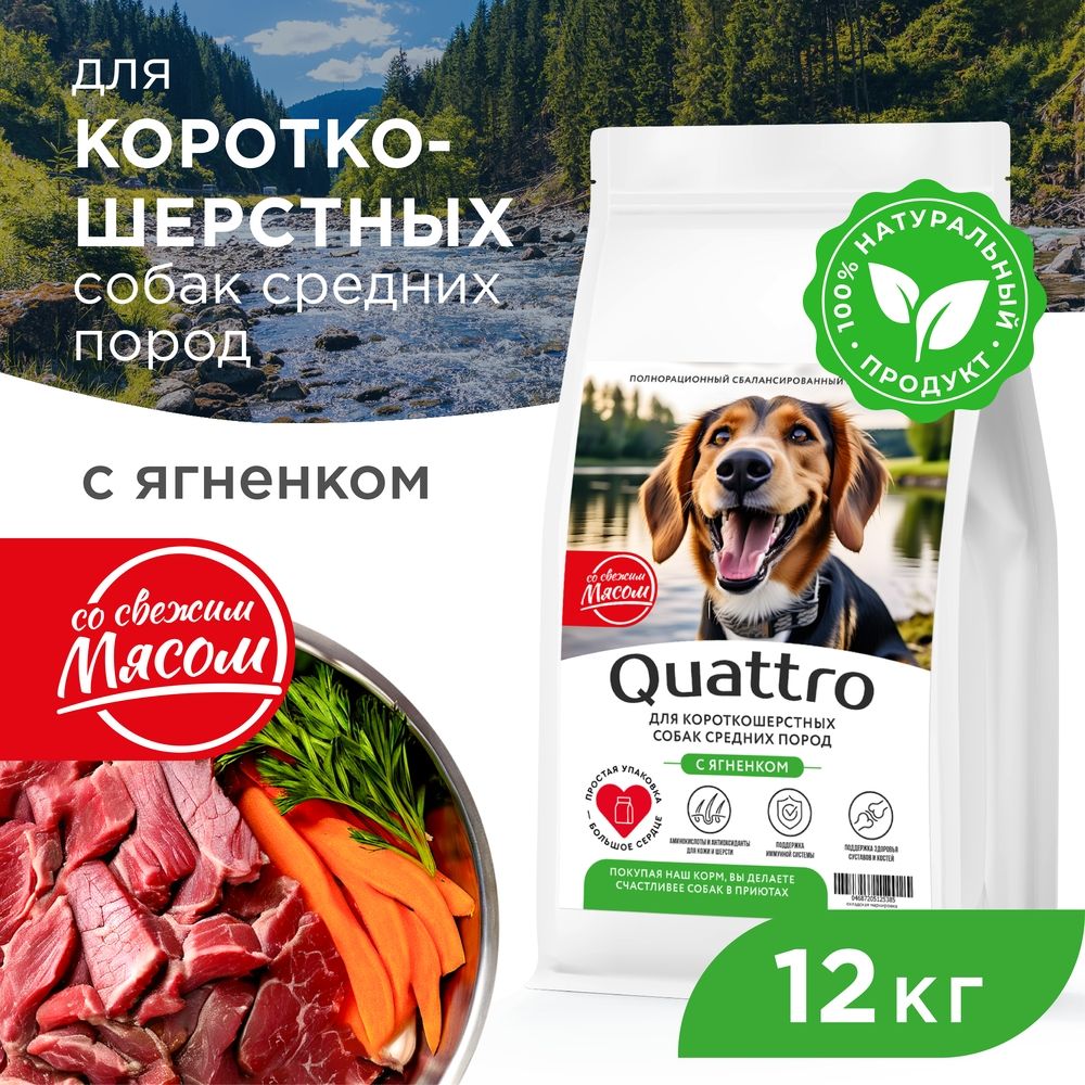 Сухой корм для собак QUATTRO, средние короткошерстные породы, с ягненком, 12 кг