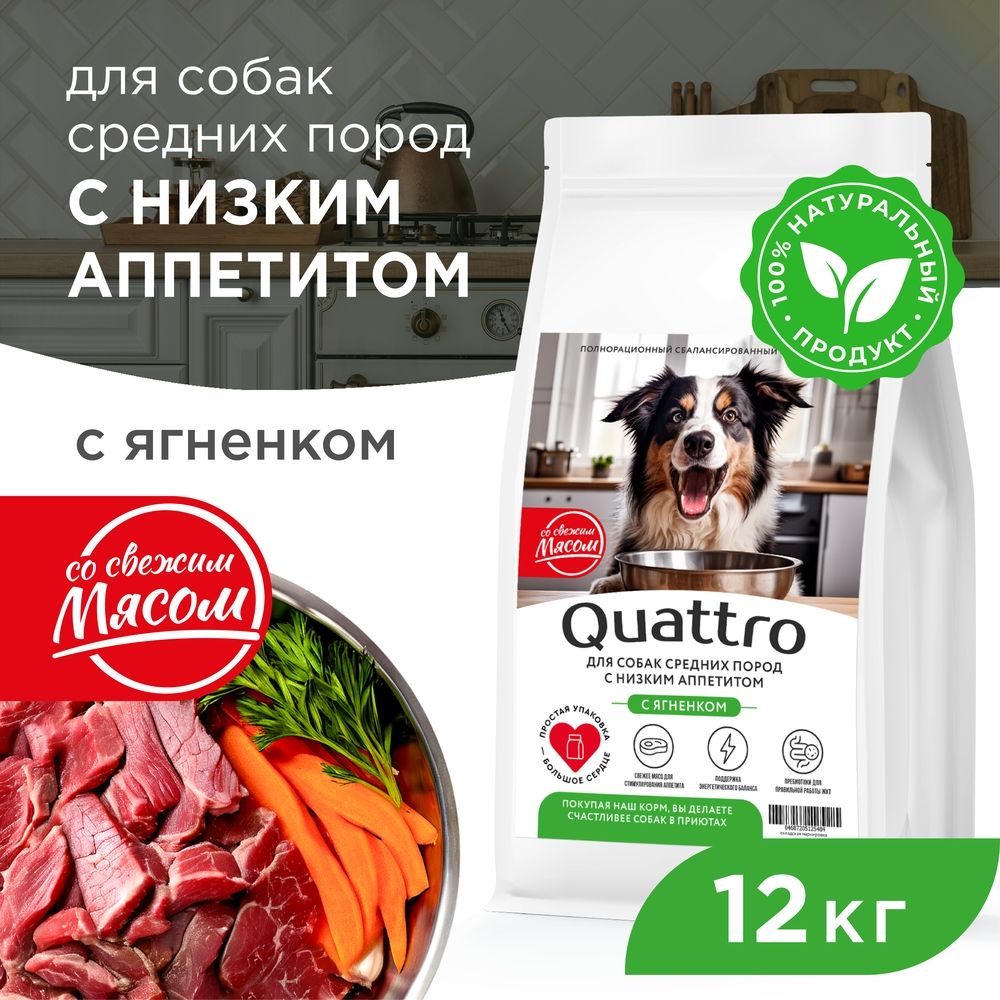 

Сухой корм для собак QUATTRO, средние породы, при слабом аппетите, с ягненком, 12 кг