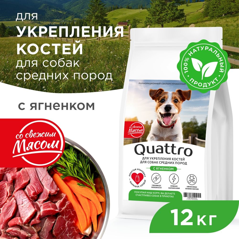 

Сухой корм для собак QUATTRO, средние породы, укрепление костей, с ягненком, 12 кг