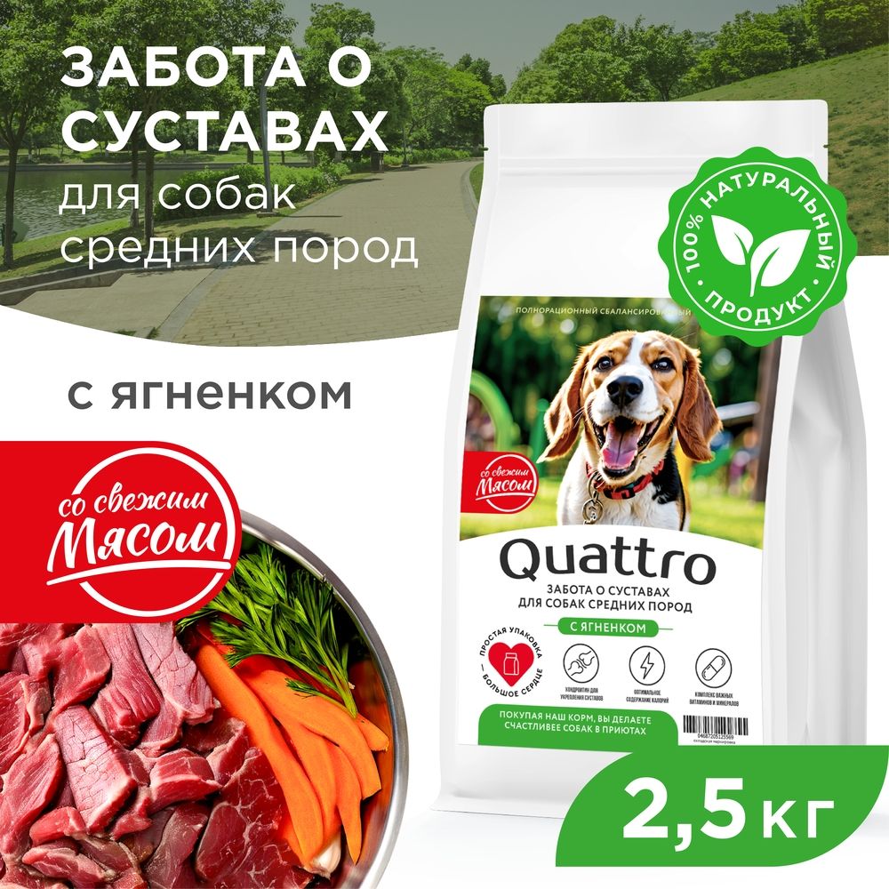 

Сухой корм для собак QUATTRO, средние породы, забота о суставах, с ягненком, 2,5 кг