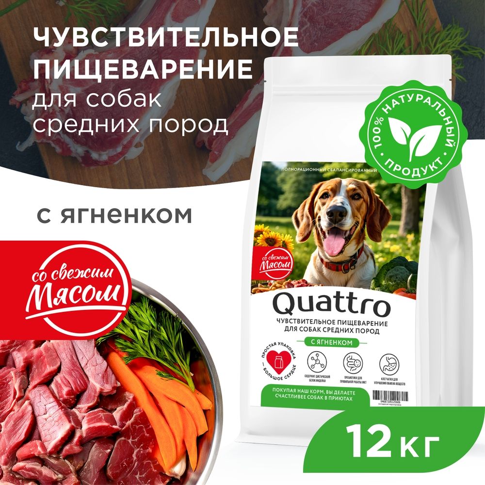 Сухой корм для собак QUATTRO, средние породы, чувствительное пищеварение, ягненок, 12 кг