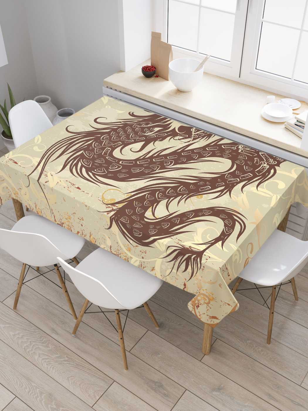 

Скатерть прямоугольная JoyArty "Дракон в золотых узорах" из сатена, 180x145 см, Бежевый, Дракон в золотых узорах
