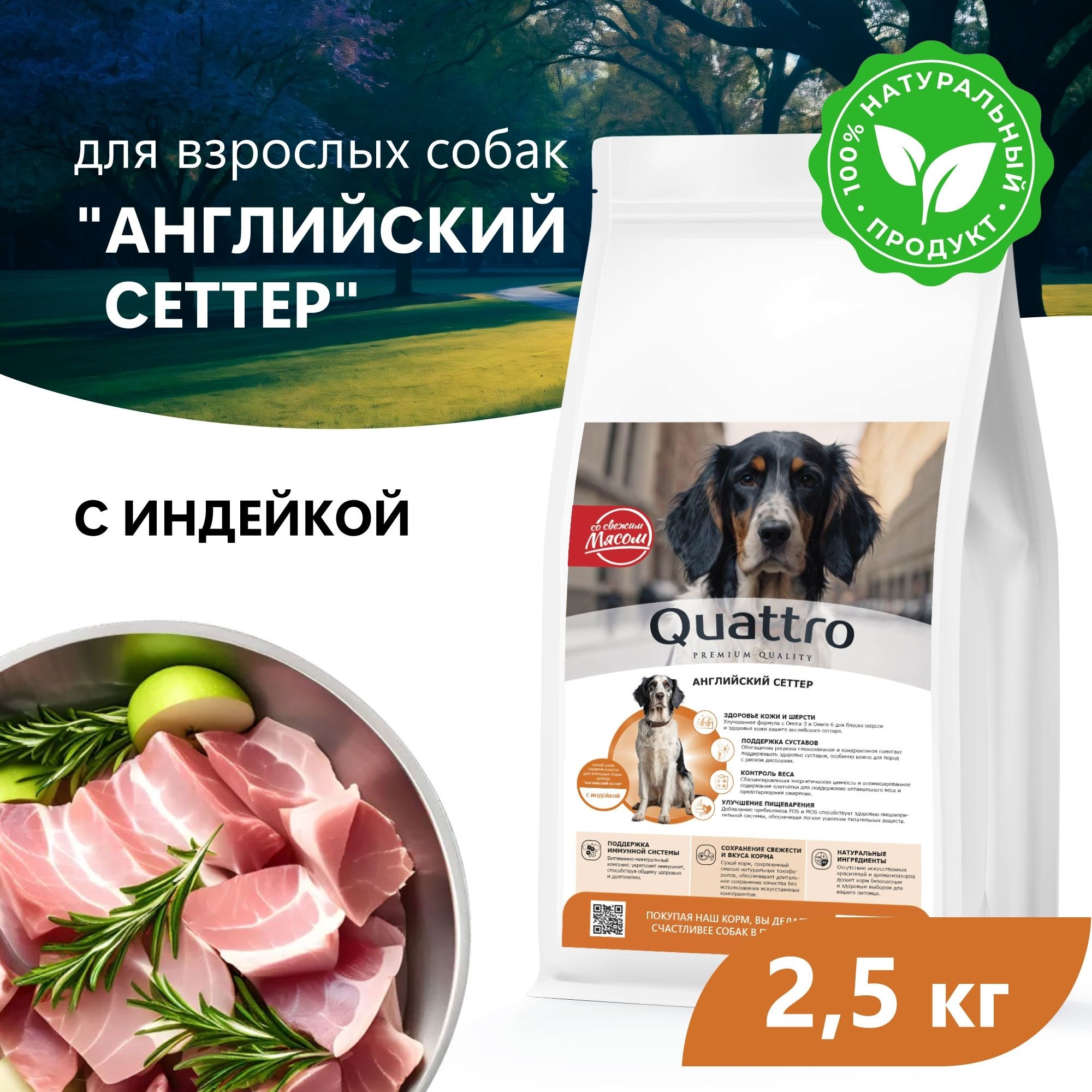 Сухой корм для собак QUATTRO для породы Английский сеттер, с индейкой, 2,5 кг