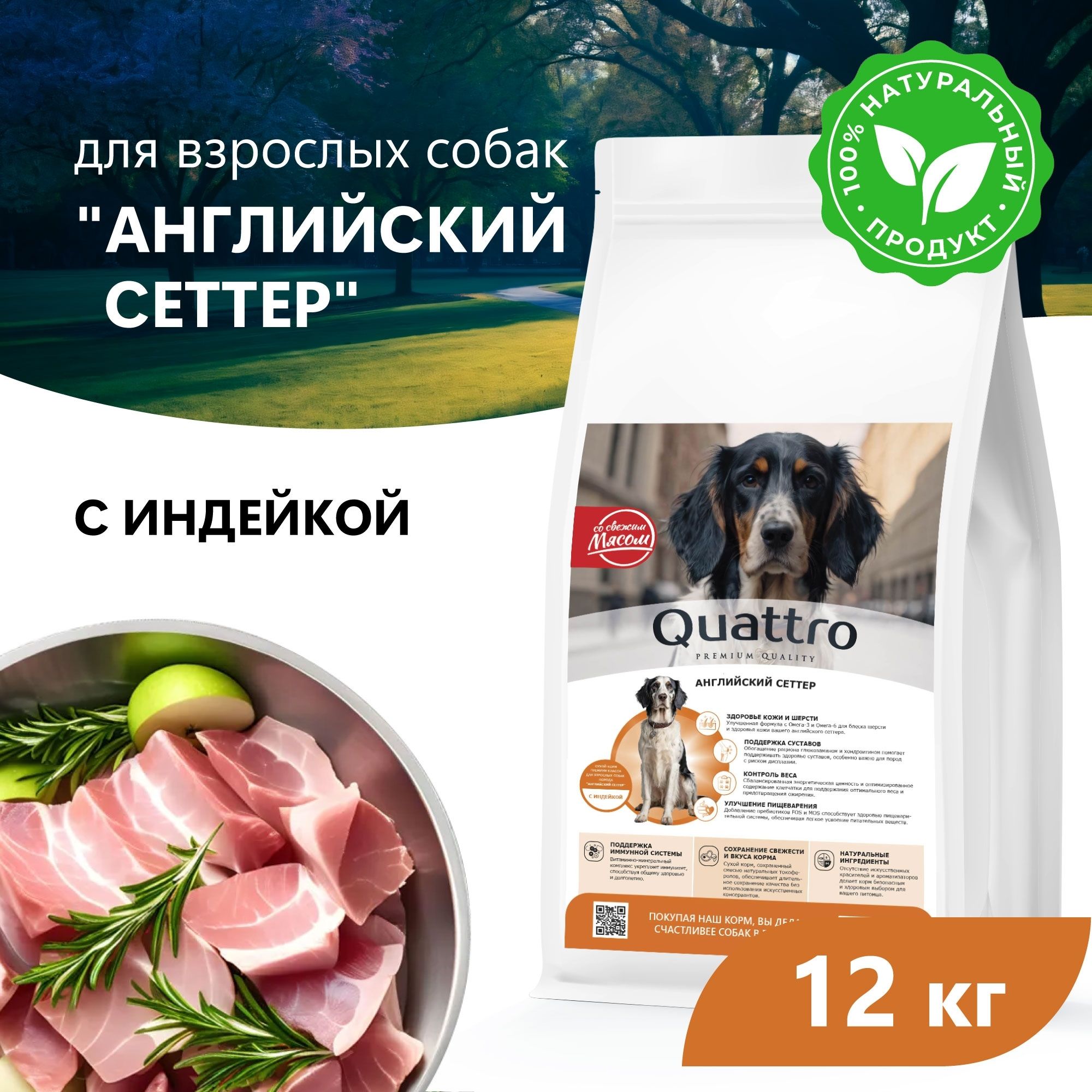 Сухой корм для собак QUATTRO для породы Английский сеттер, с индейкой, 12 кг