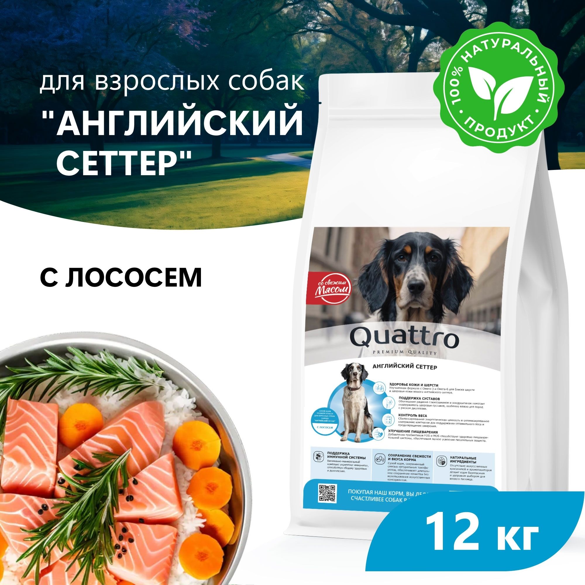 

Сухой корм для собак QUATTRO для породы Английский сеттер, с лососем, 12 кг
