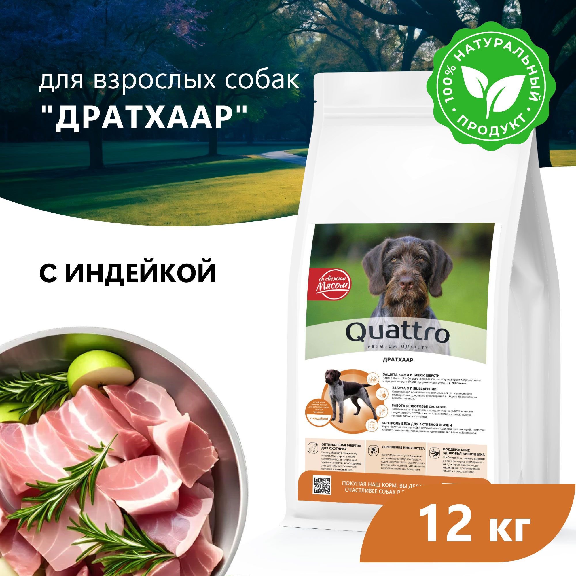 Сухой корм для собак QUATTRO для породы Дратхаар, с индейкой, 12 кг