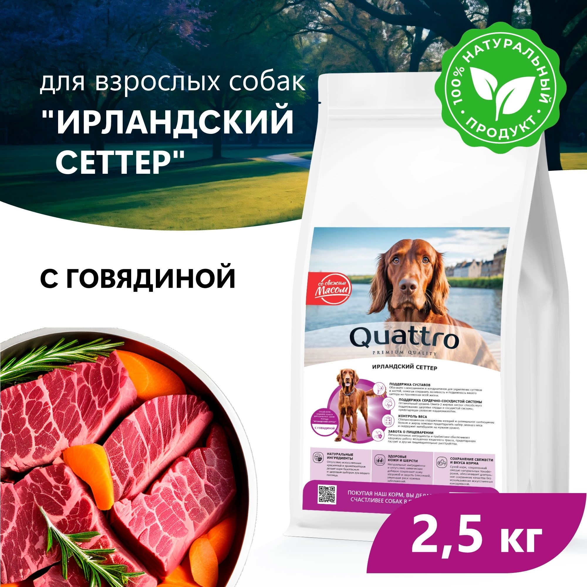 Сухой корм для собак QUATTRO для породы Ирландский сеттер, с говядиной, 2,5 кг