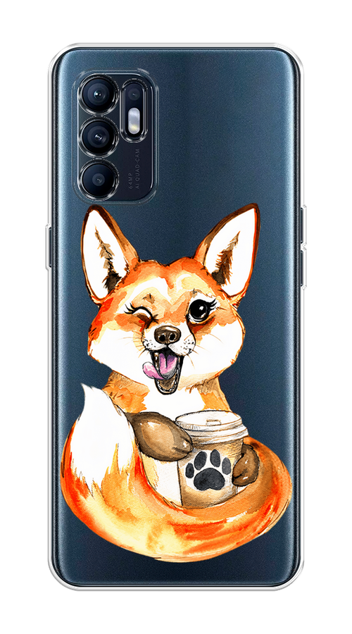 

Чехол на Oppo Reno 6 4G "Подмигивающая лиса с кофе", Оранжевый;белый;коричневый, 257850-4
