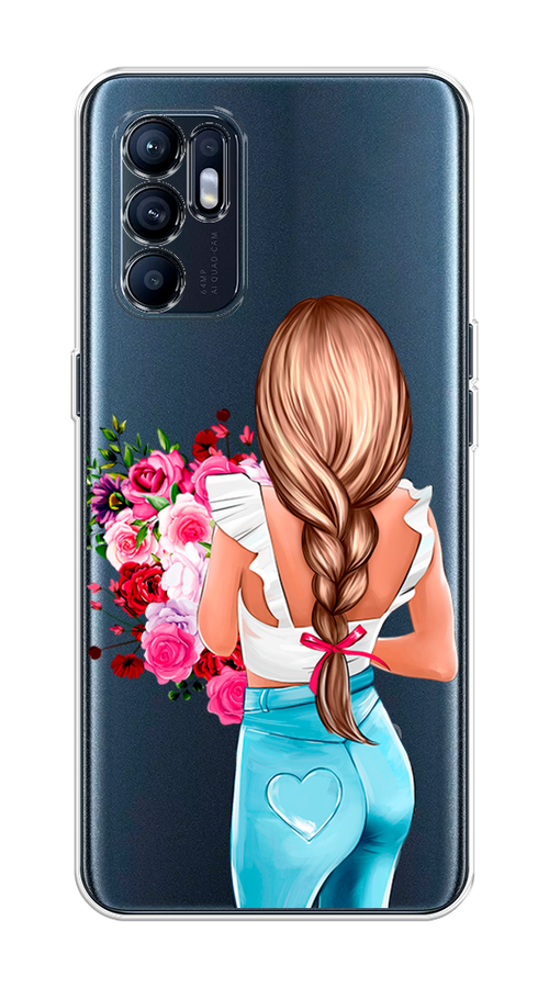 

Чехол на Oppo Reno 6 4G "Девушка с цветами", Коричневый;розовый;голубой, 257850-6