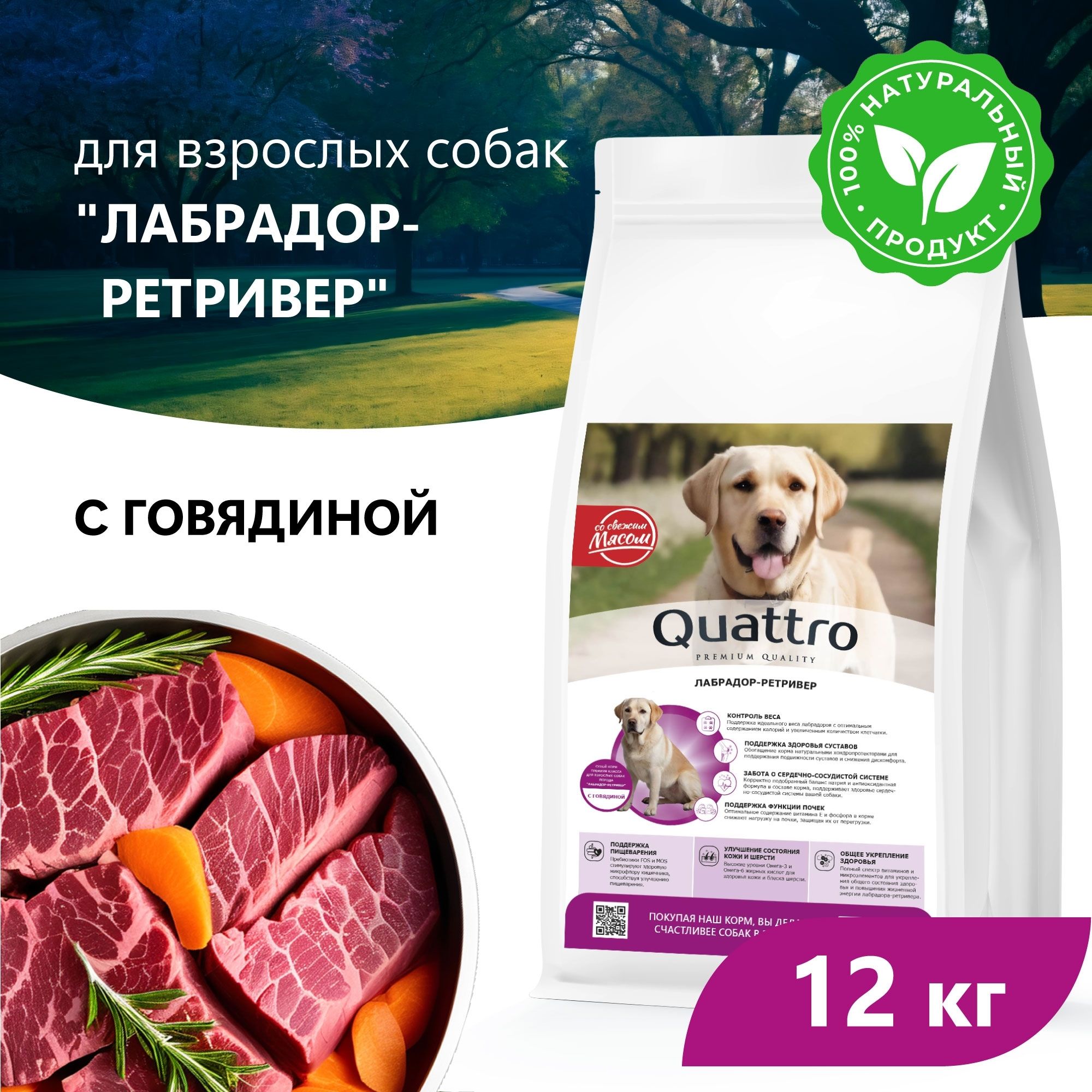 

Сухой корм для собак QUATTRO для породы Лабрадор-ретривер, с говядиной, 12 кг