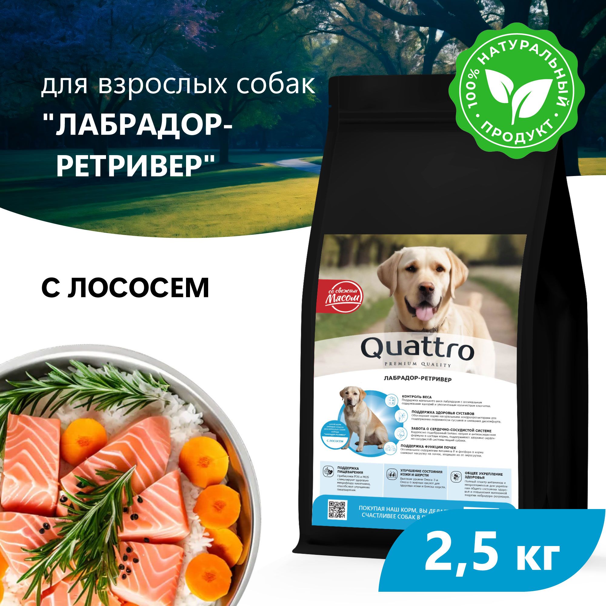 

Сухой корм для собак QUATTRO для породы Лабрадор-ретривер, с лососем, 2,5 кг