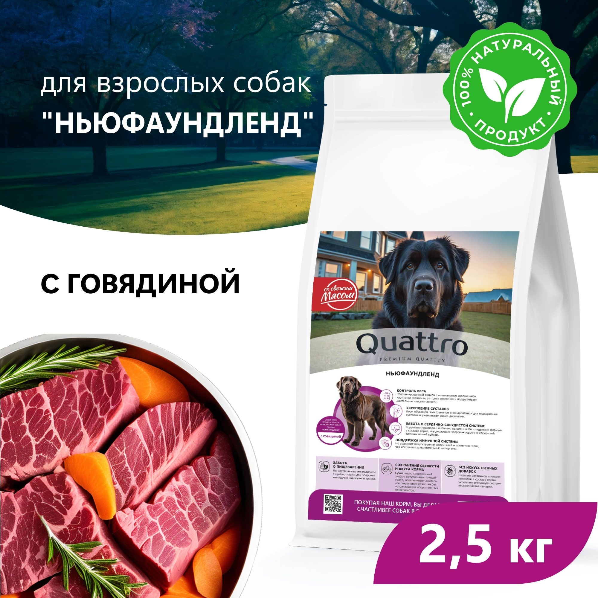 Сухой корм для собак QUATTRO для породы Ньюфаундленд, с говядиной, 2,5 кг