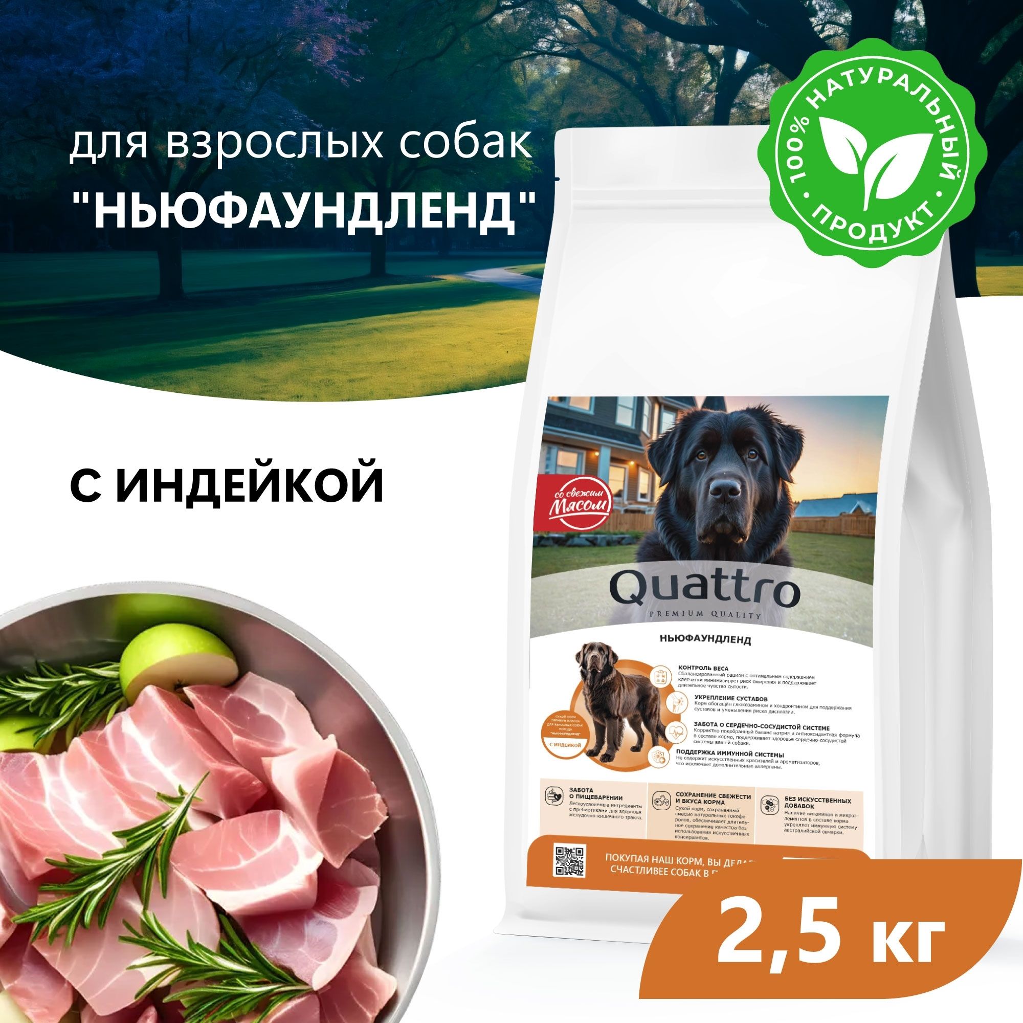 

Сухой корм для собак QUATTRO для породы Ньюфаундленд, с индейкой, 2,5 кг