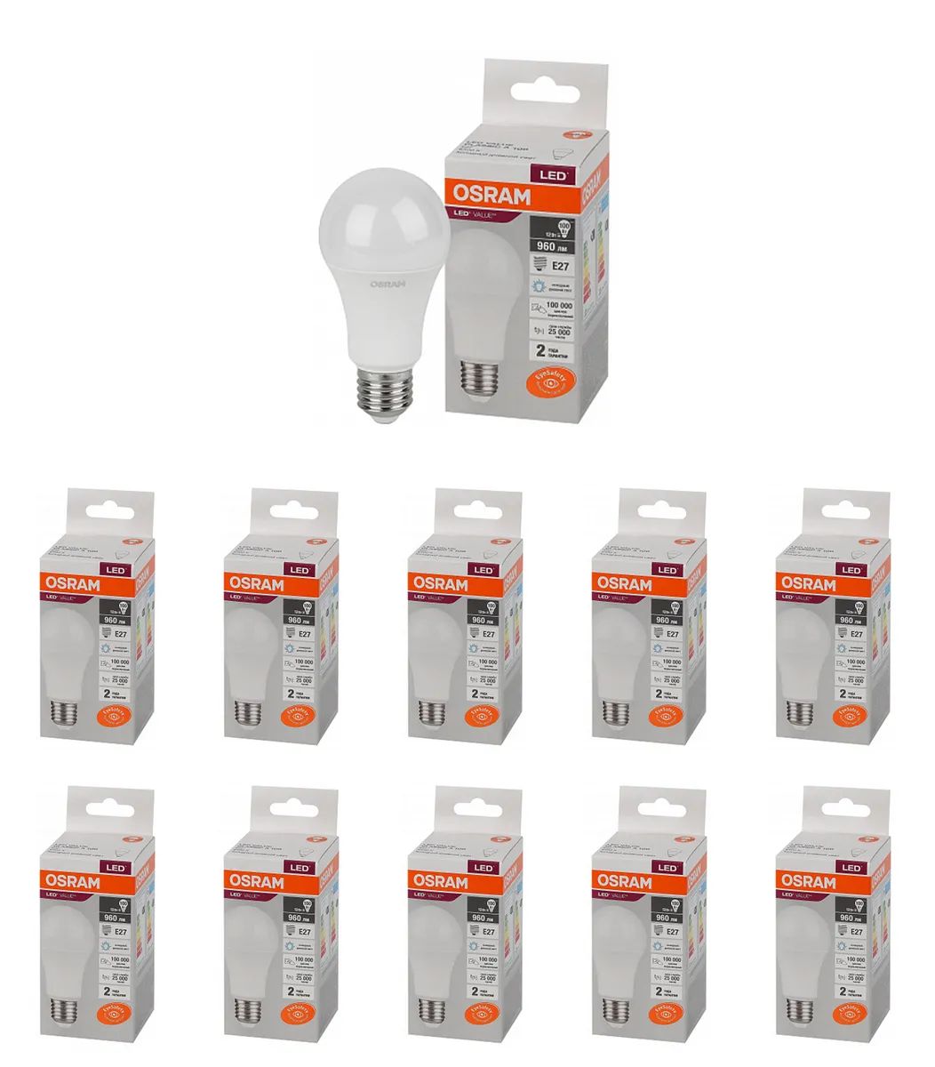 

Лампа LED LV CLA А60 12W E27 6500K 960lm мат 118x60 Osram, 10 шт