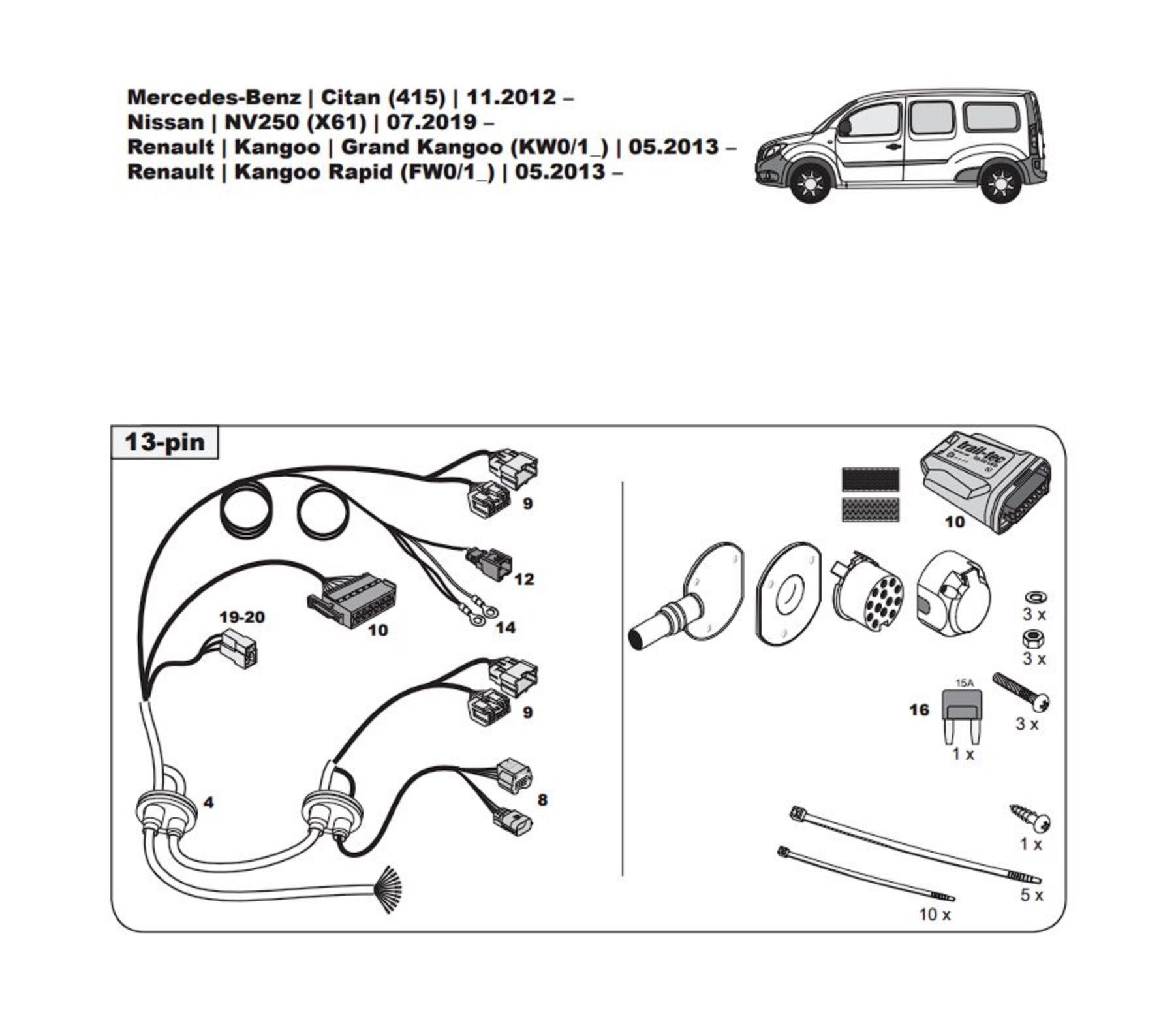 Штатная электрика для фаркопа с розеткой 13-pin, для Renault Kangoo WYR322613R (Trail-Tec)