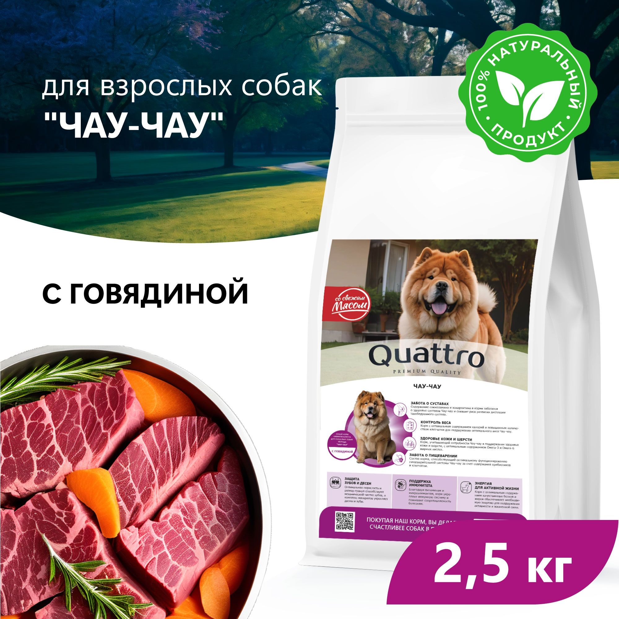 Сухой корм для собак QUATTRO для породы Чау-чау, с говядиной, 2,5 кг