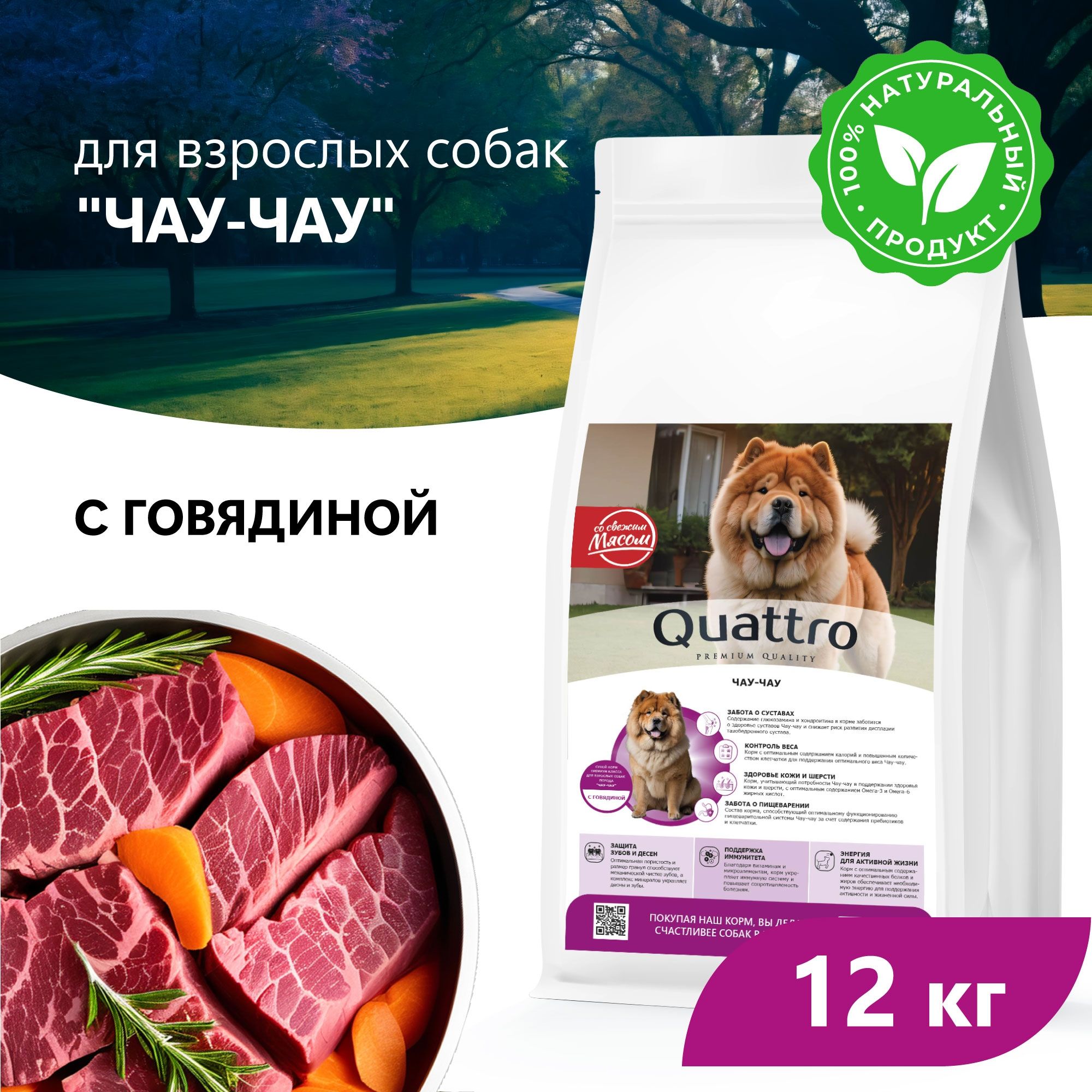 

Сухой корм для собак QUATTRO для породы Чау-чау, с говядиной, 12 кг