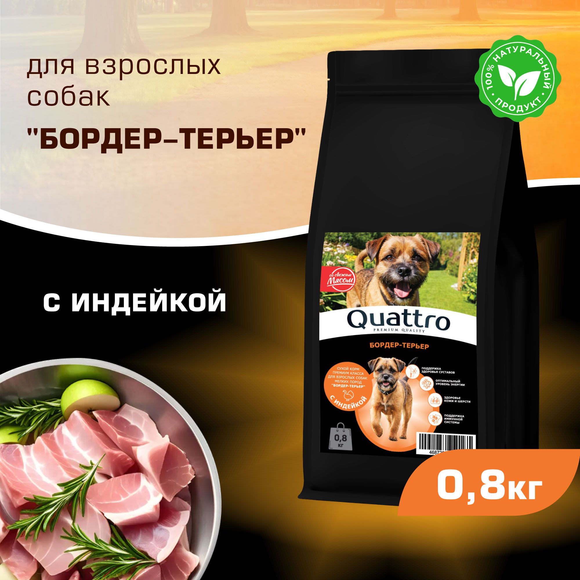 

Сухой корм для собак QUATTRO для породы Бордер-терьер, с индейкой, 800 г