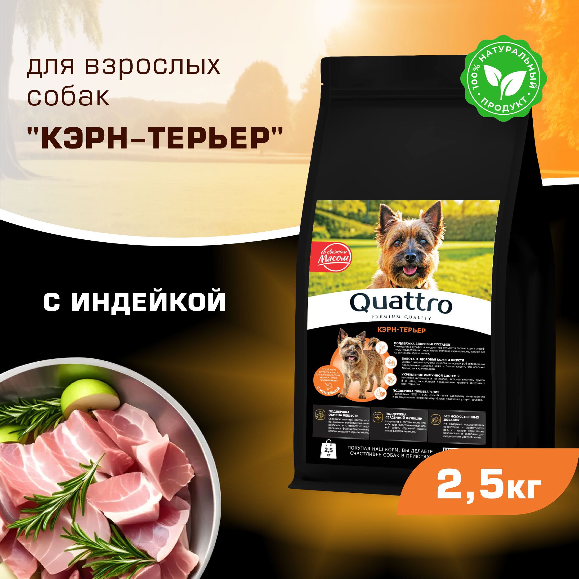 

Сухой корм для собак QUATTRO для породы Кэрн-терьер, с индейкой, 2,5 кг