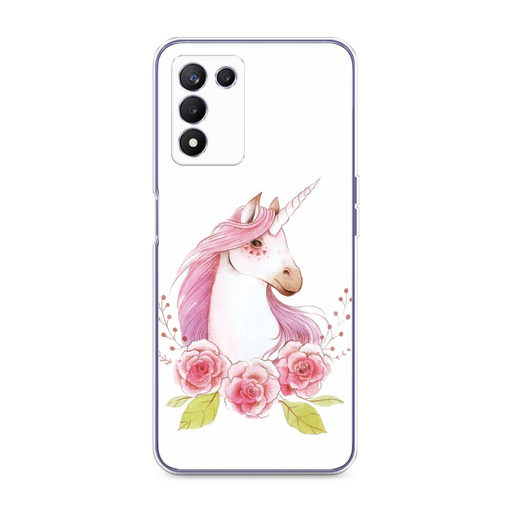 

Чехол на Realme Q3s "Единорог цветы", Белый;розовый;серый, 257950-1