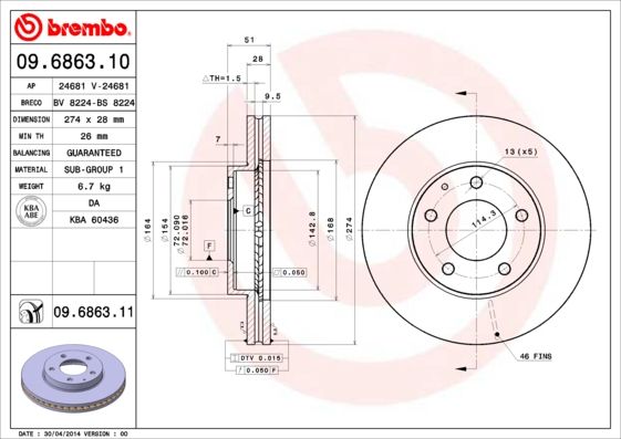 

Диск Торм.Пер.Mazda Mpv Ii 99-06/Xedos 9 93-02 274X28 Brembo 09686311