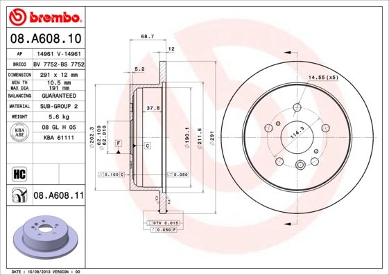 

Тормозной диск brembo комплект 1 шт. 08A60811