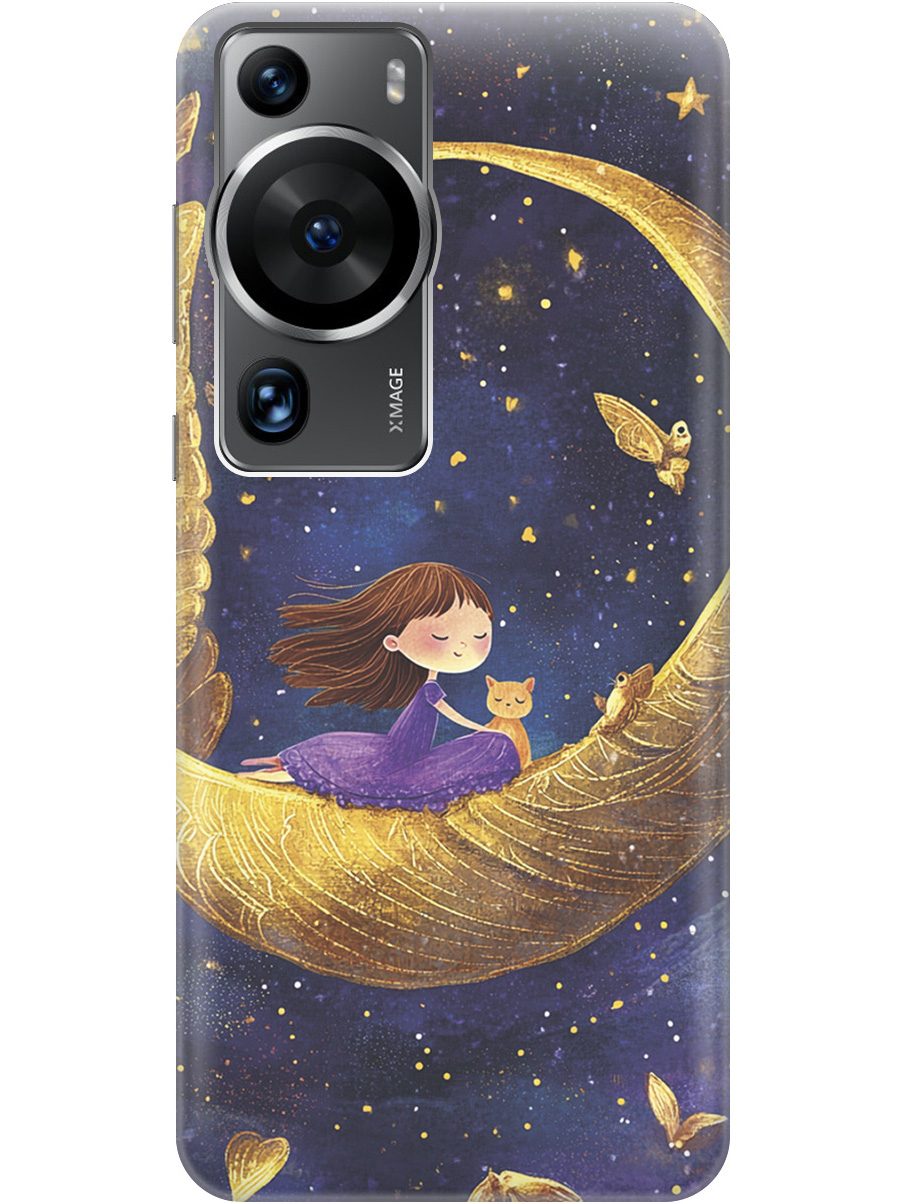 

Силиконовый чехол на Huawei P60 Pro с принтом "Девочка и месяц", Прозрачный;золотистый;черный, 772620872