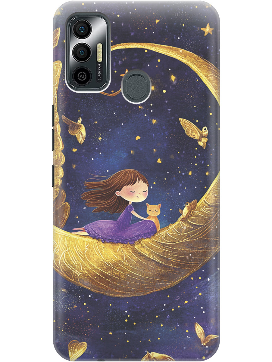 

Силиконовый чехол на Tecno Spark 7 с принтом "Девочка и месяц", Прозрачный;золотистый;черный, 741736172