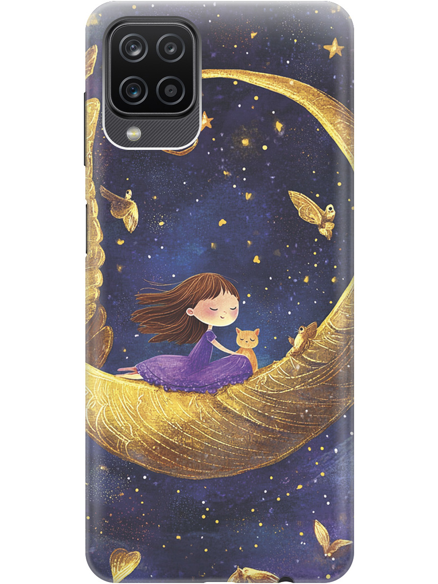 

Силиконовый чехол на Samsung Galaxy A12 / M12 с принтом "Девочка и месяц", Прозрачный;золотистый;черный, 723602872